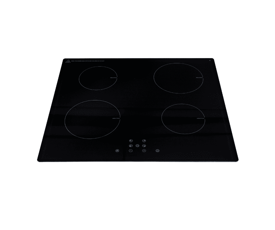 Een zwarte Inbouw inductie kookplaat EKI600-2 in een keuken op het werk, op een witte achtergrond.