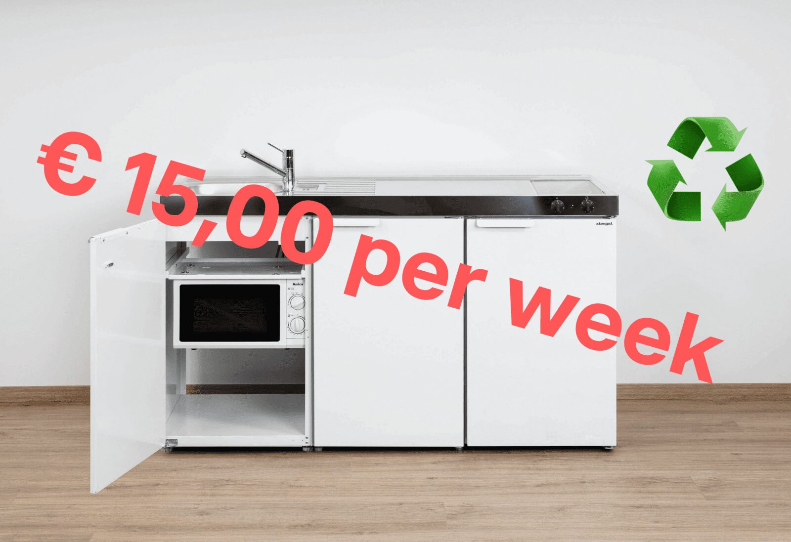 Een afbeelding van De ideale kleine keuken, compacte RVS (mini) keuken K1200 van Kitchen at Work | Steel-lijn met een prullenbak erin op het werk.