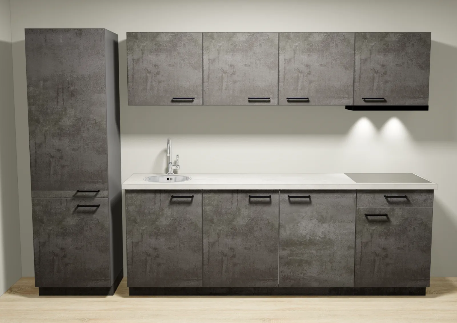 Een elegant 3D beeld van een strakke keuken met grijze kasten en een spoelbak.