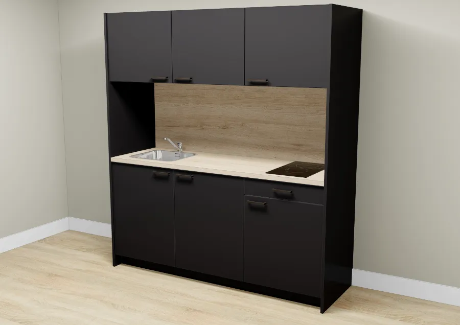 Een zwarte keukenkast met een spoelbak erin, geschikt voor kantooromgeving of verhuurdoeleinden.