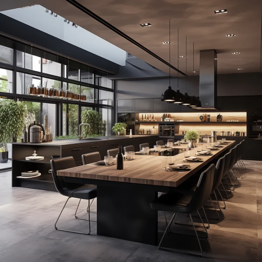 Een moderne keuken met een lange tafel en stoelen in Nijkerk.