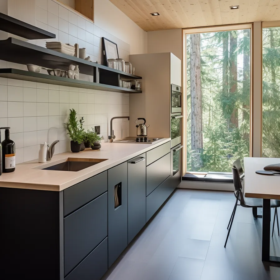 Een modern keukenkantoor met uitzicht op het bos.