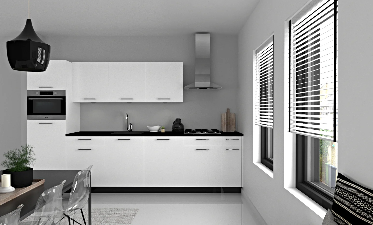 Een zwart witte keuken met eettafel en stoelen om een keukenruimte te huren.