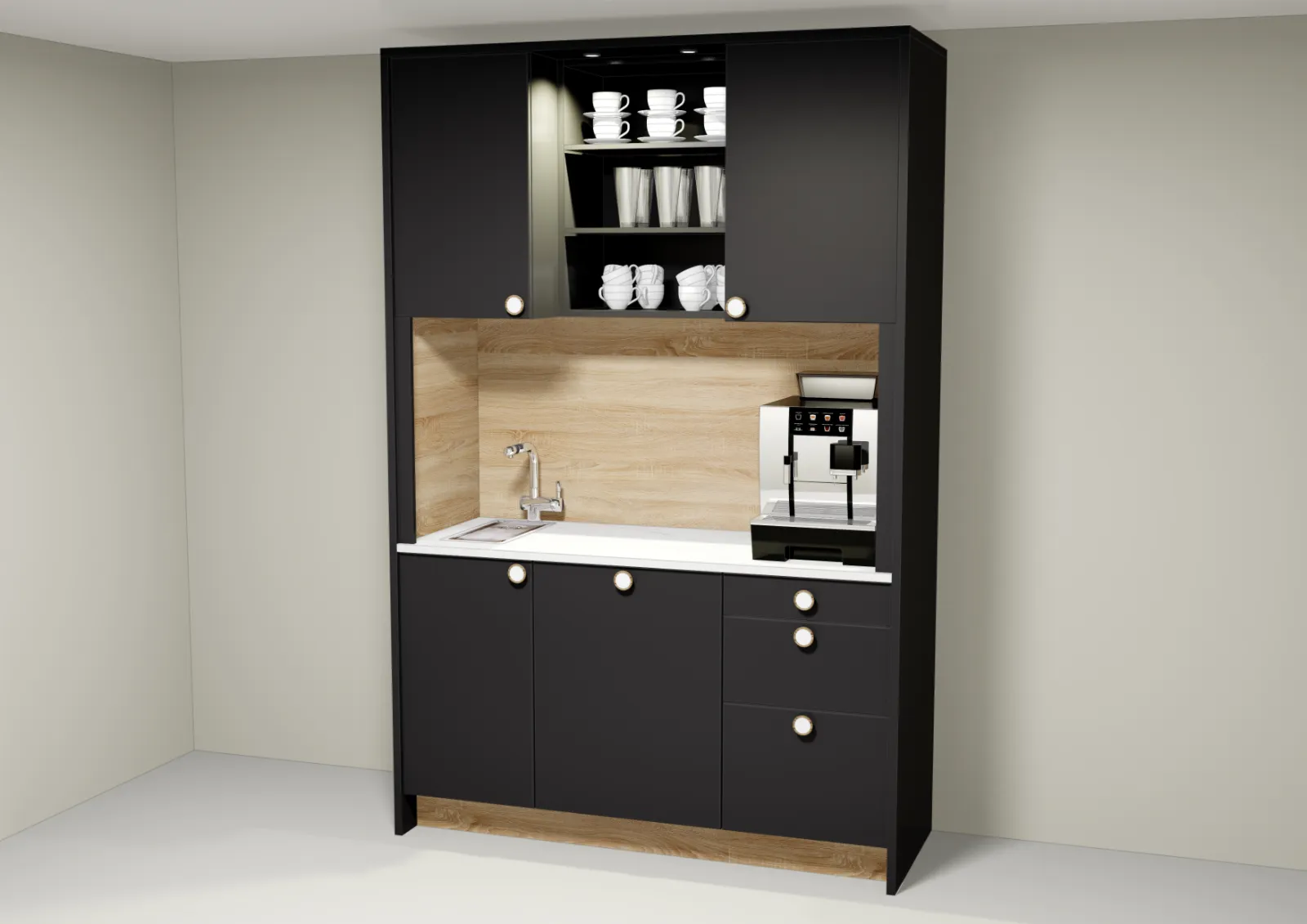 Een zwart-witte keuken met spoelbak en koffiezetapparaat te huur op het werk of op kantoor (keuken huren, keuken kantoor).