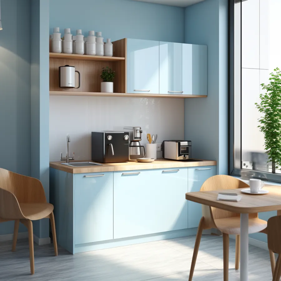 Een kleine keuken op het werk met blauwe kasten, een tafel en stoelen.