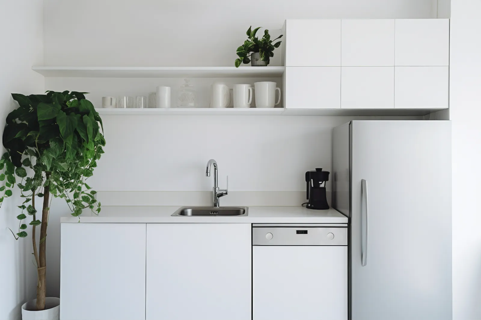 Een witte keuken met koelkast en een plant te huur in Nijkerk.